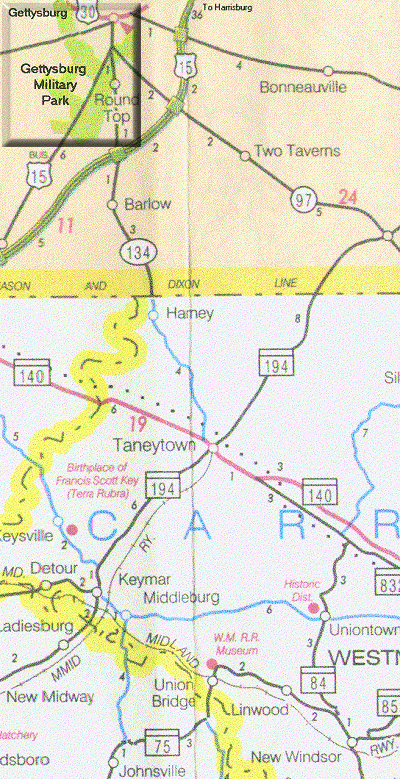 Imagemap: Region 6: East Central MD, C. PA (Gettysburg): with Clickable Buttons. See text links.