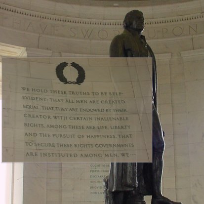 Inside the Jefferson Memorial. Inset: the Preamble to the Declaration of Independence